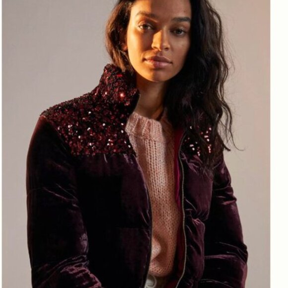 Anthropologie Maeve Sequined Burgundy Puffer Jacket with High Collar Size XS - Picture 2 of 8